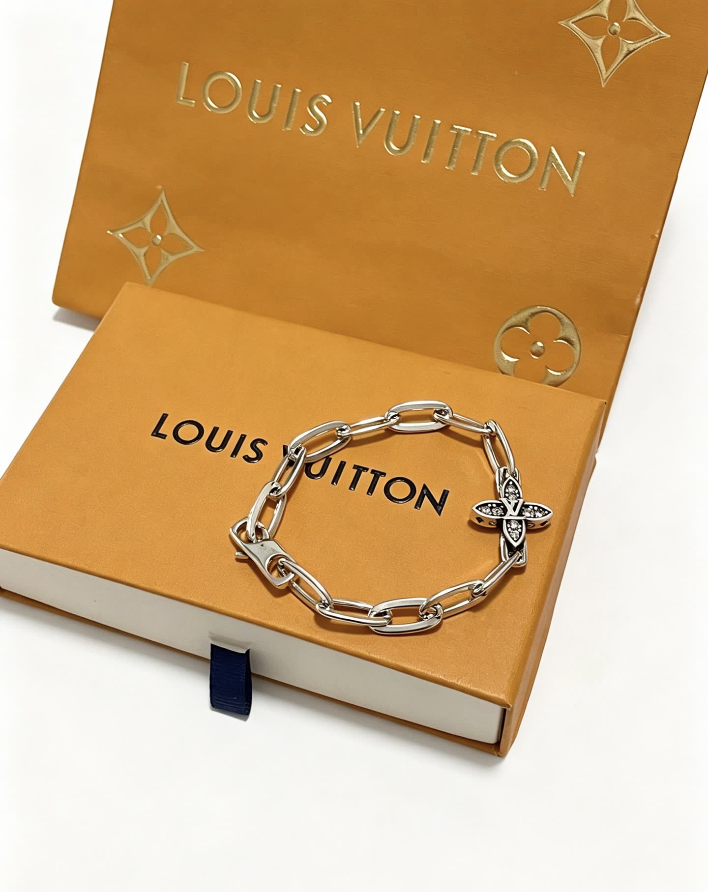 Louis Vuitton Silver Bracelet with Monogram Flower Charm